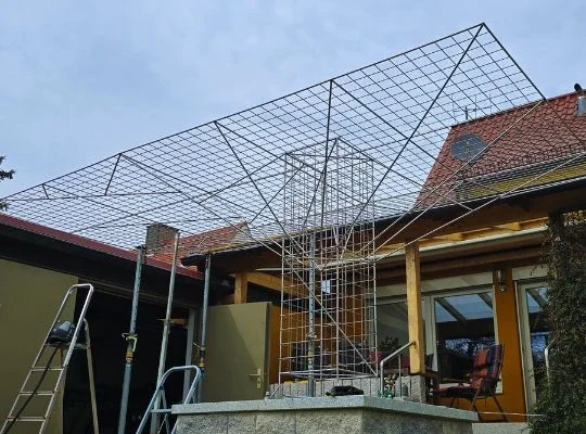 sonderanfertigung-edelstahl-15qm-rankhilfe-haunstetten Rankhilfe aus Edelstahl mit baumähnlicher Tragstruktur und formgebenden Stützen, langlebige Ausführung